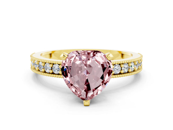 Yellow gold Heart Cut Morganite Milgrain Pavé Engagement Ring with Four-Prong Setting