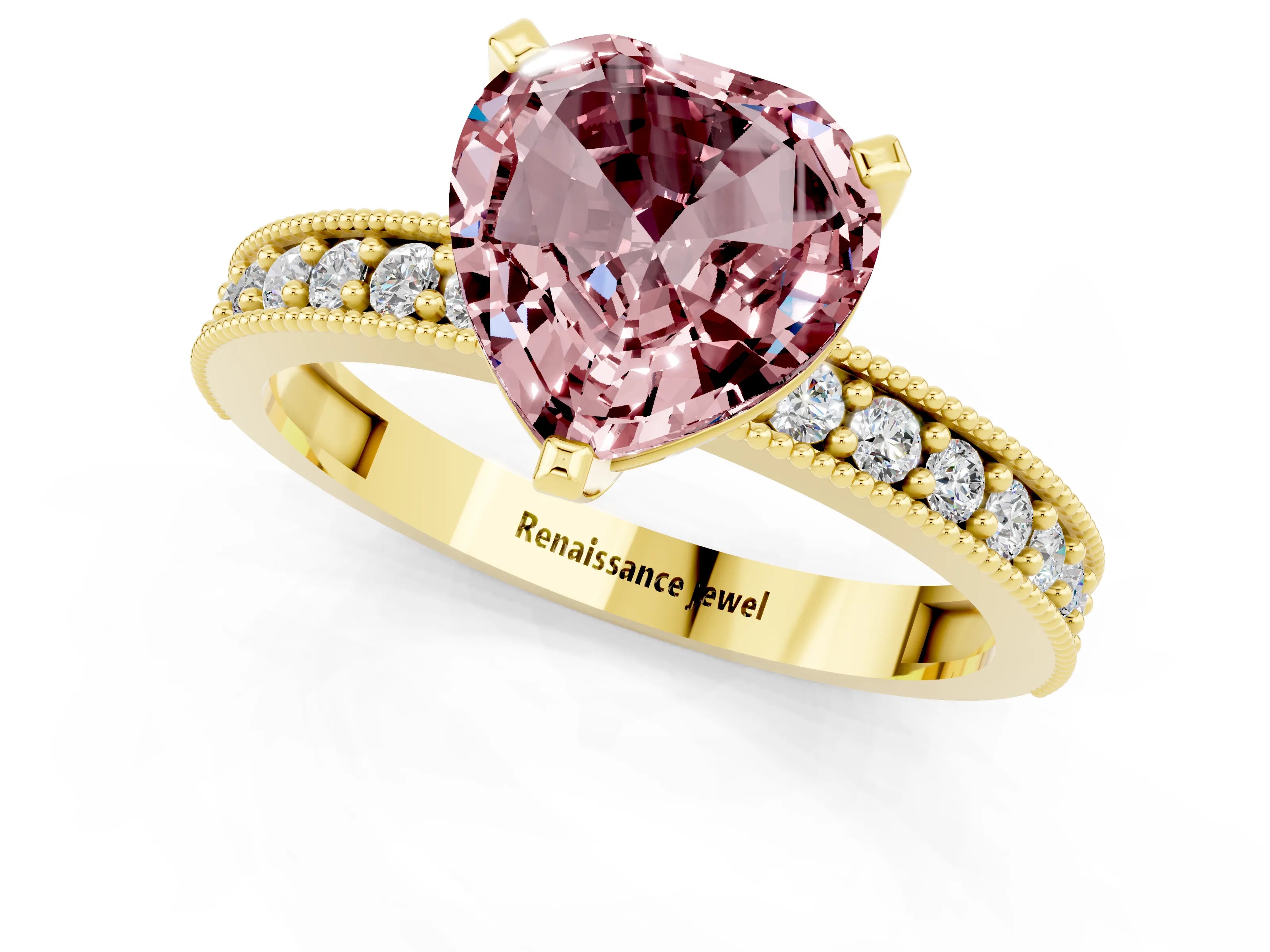 Yellow gold Heart Cut Morganite Milgrain Pavé Engagement Ring with Four-Prong Setting_13