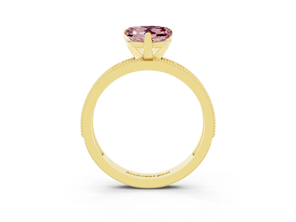 Yellow gold Heart Cut Morganite Milgrain Pavé Engagement Ring with Four-Prong Setting