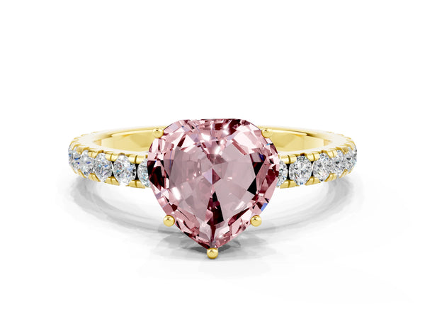 Yellow gold Heart Cut Morganite Pavé Solitaire Engagement Ring with Four-Prong Setting