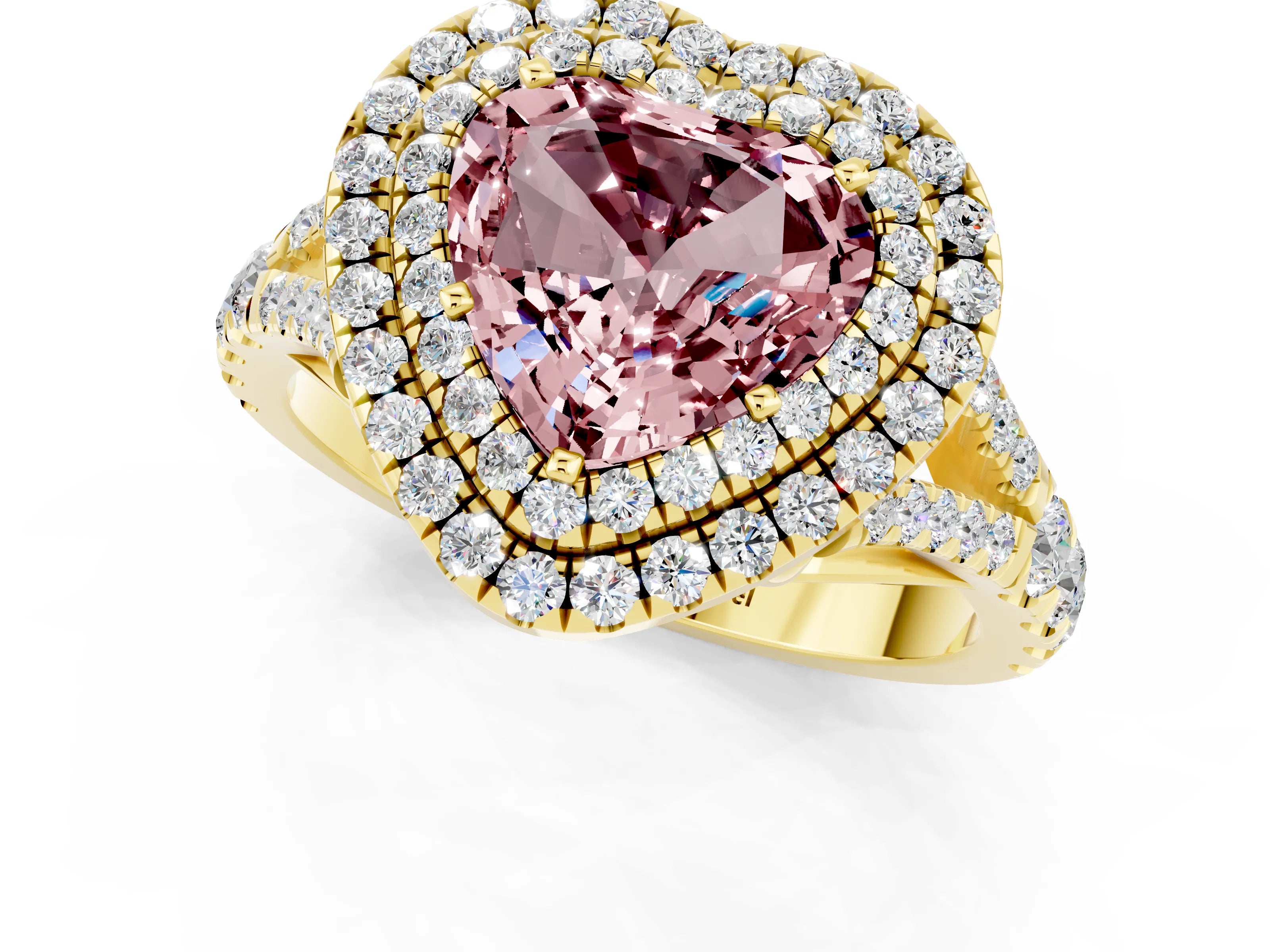 Yellow gold Heart Cut Morganite Pavé Split Shank Double Halo Engagement Ring_1