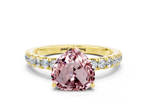 Yellow gold Heart Cut Morganite Pave Band Solitaire Ring with Round  and Prong Setting