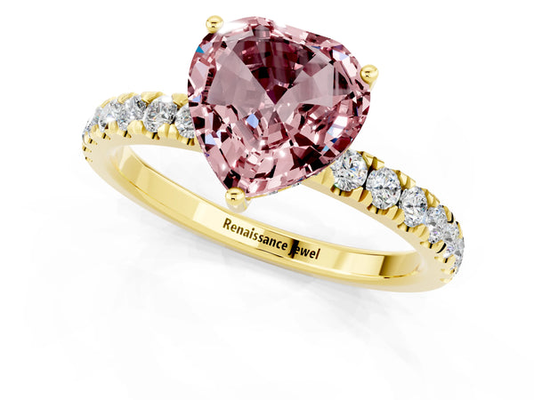 Yellow gold Heart Cut Morganite Pave Band Solitaire Ring with Round  and Prong Setting
