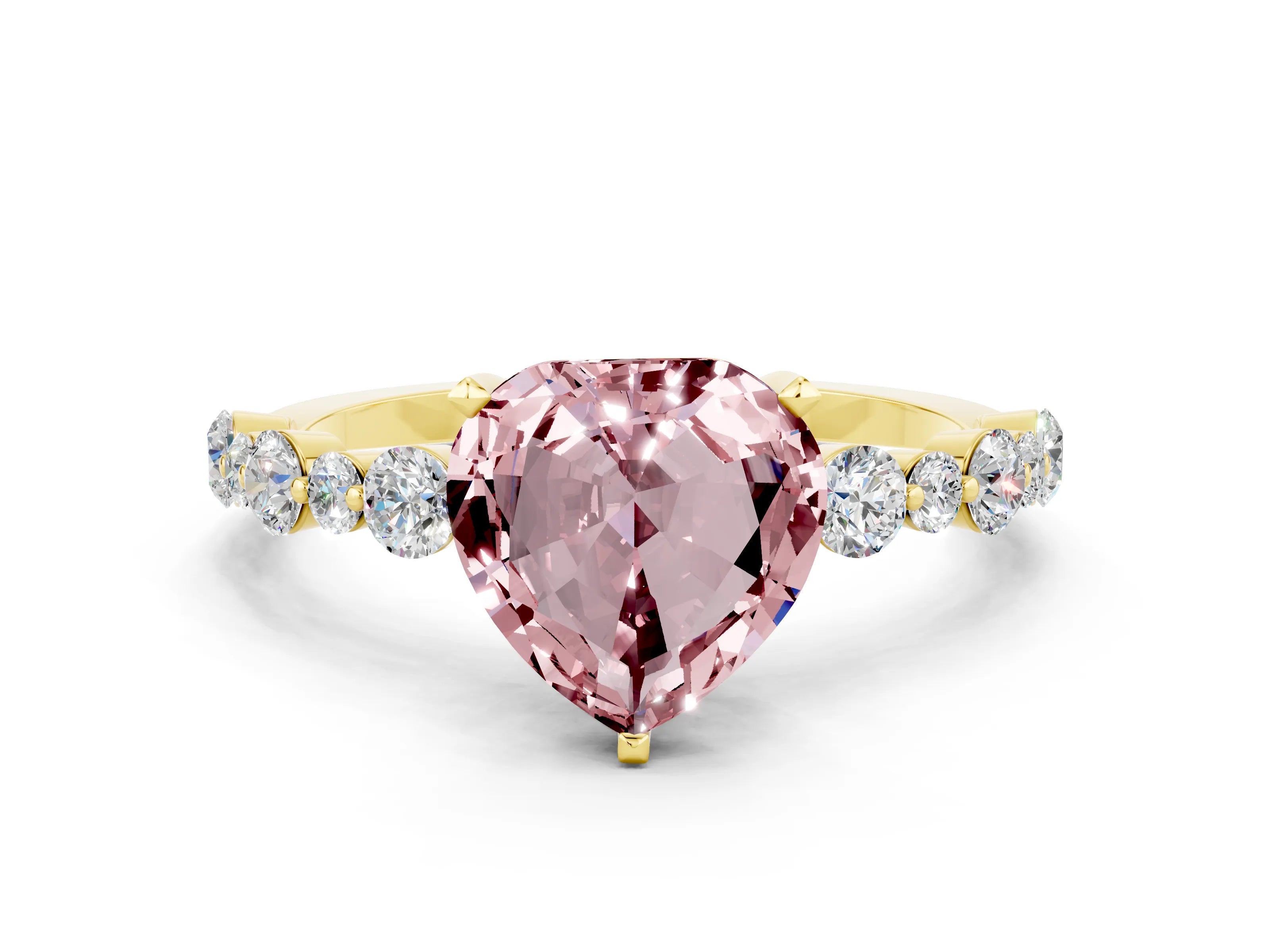 Yellow gold Heart Cut Morganite Prong Set Engagement Ring with Pavé Band