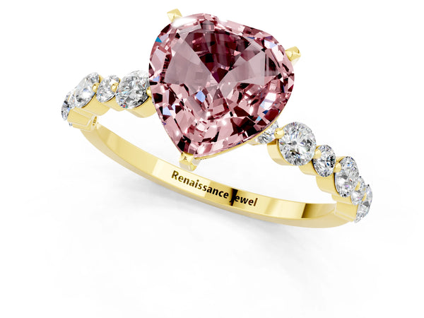 Yellow gold Heart Cut Morganite Prong Set Engagement Ring with Pavé Band