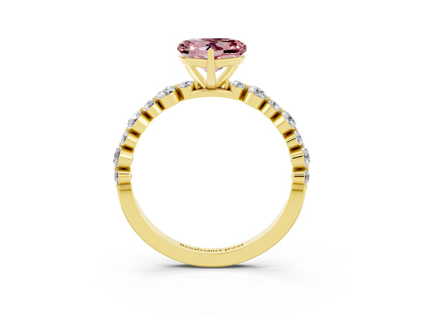 Yellow gold Heart Cut Morganite Prong Set Engagement Ring with Pavé Band