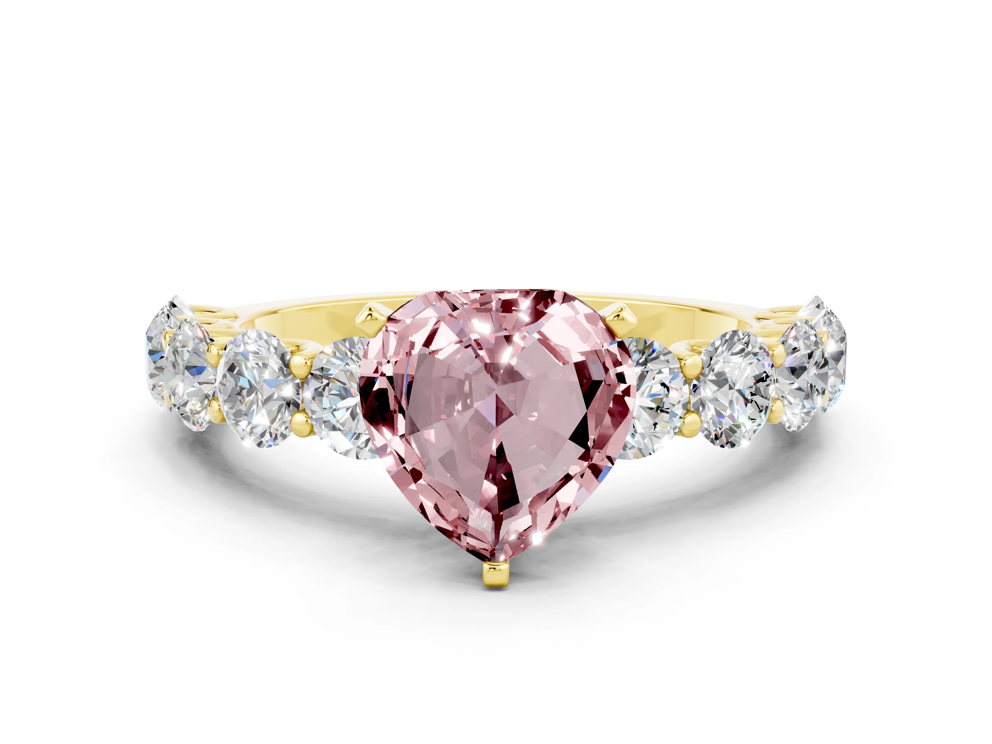 Yellow gold Heart Cut Morganite Prong Setting with Side Stones on a Pave Band