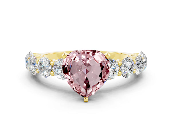 Yellow gold Heart Cut Morganite Prong Setting with Side Stones on a Pave Band