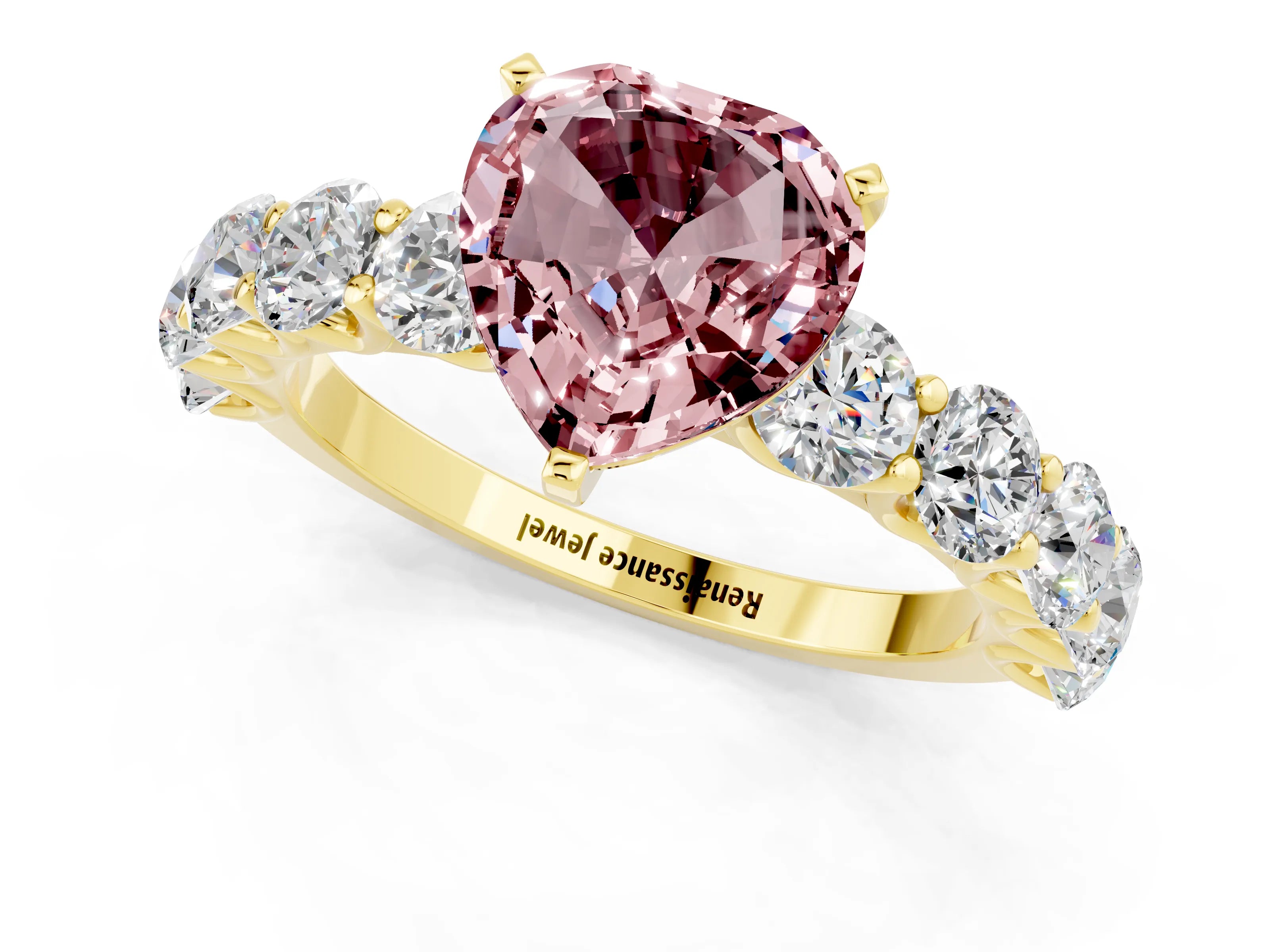 Yellow gold Heart Cut Morganite Prong Setting with Side Stones on a Pave Band_1