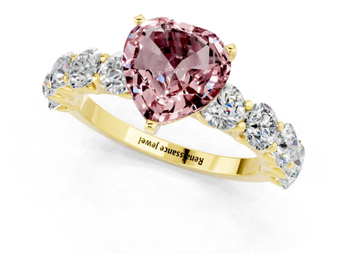 Yellow gold Heart Cut Morganite Prong Setting with Side Stones on a Pave Band_1