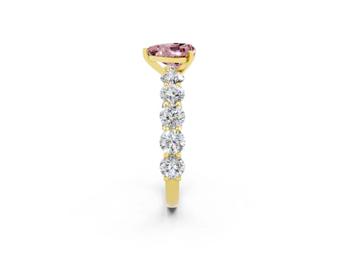 Yellow gold Heart Cut Morganite Prong Setting with Side Stones on a Pave Band_2