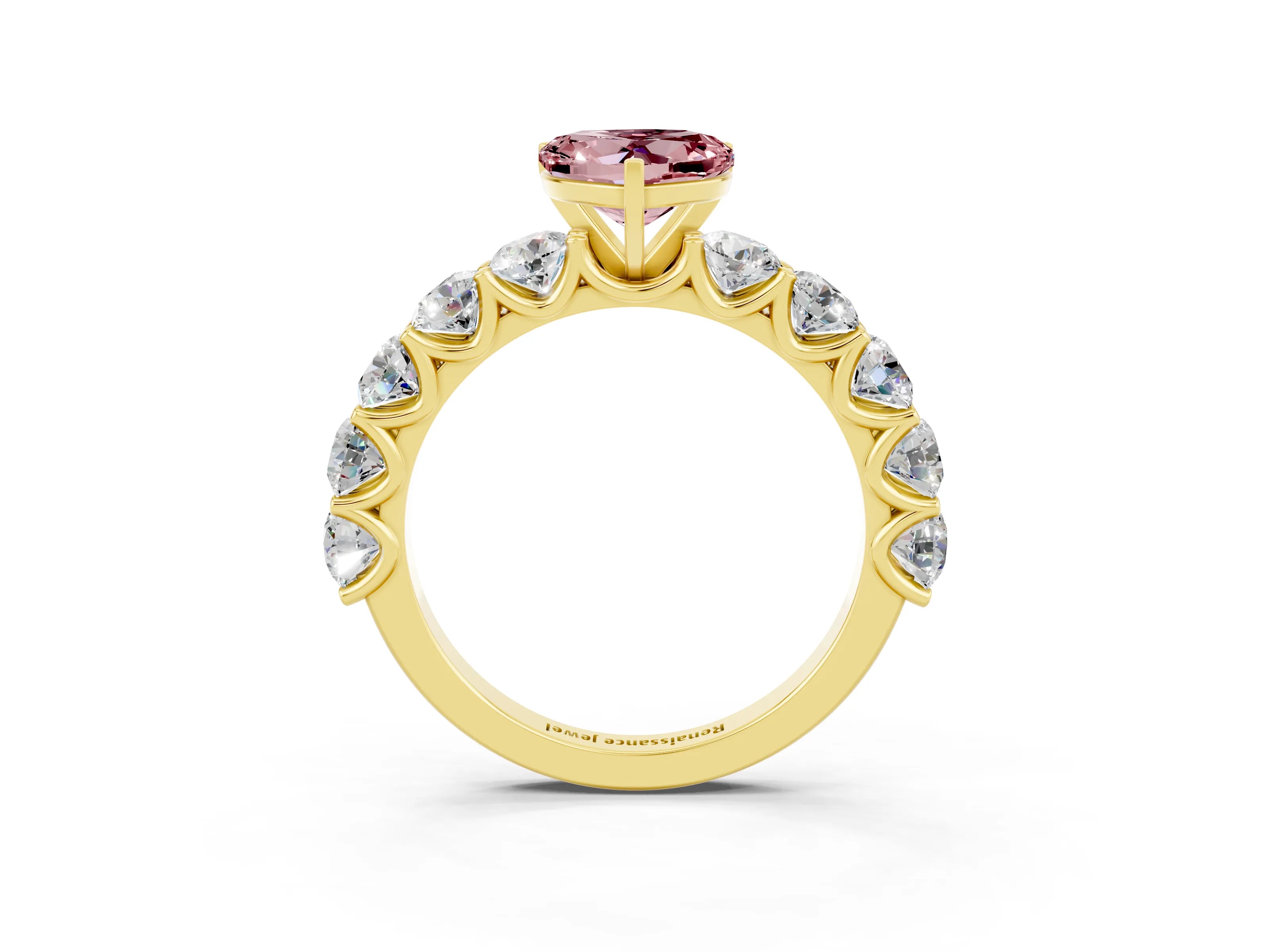 Yellow gold Heart Cut Morganite Prong Setting with Side Stones on a Pave Band_3