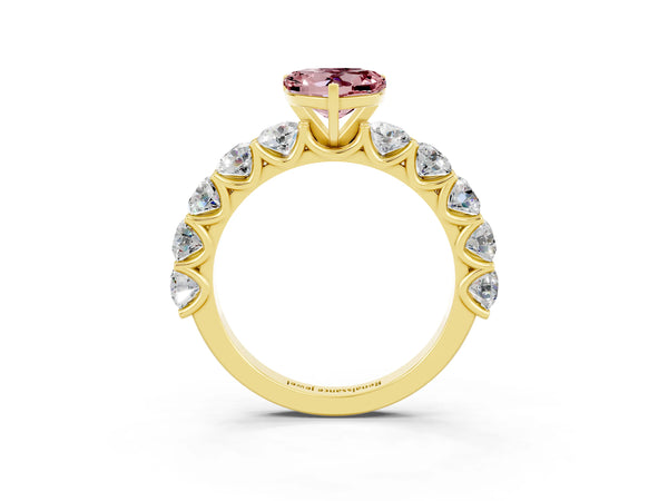 Yellow gold Heart Cut Morganite Prong Setting with Side Stones on a Pave Band