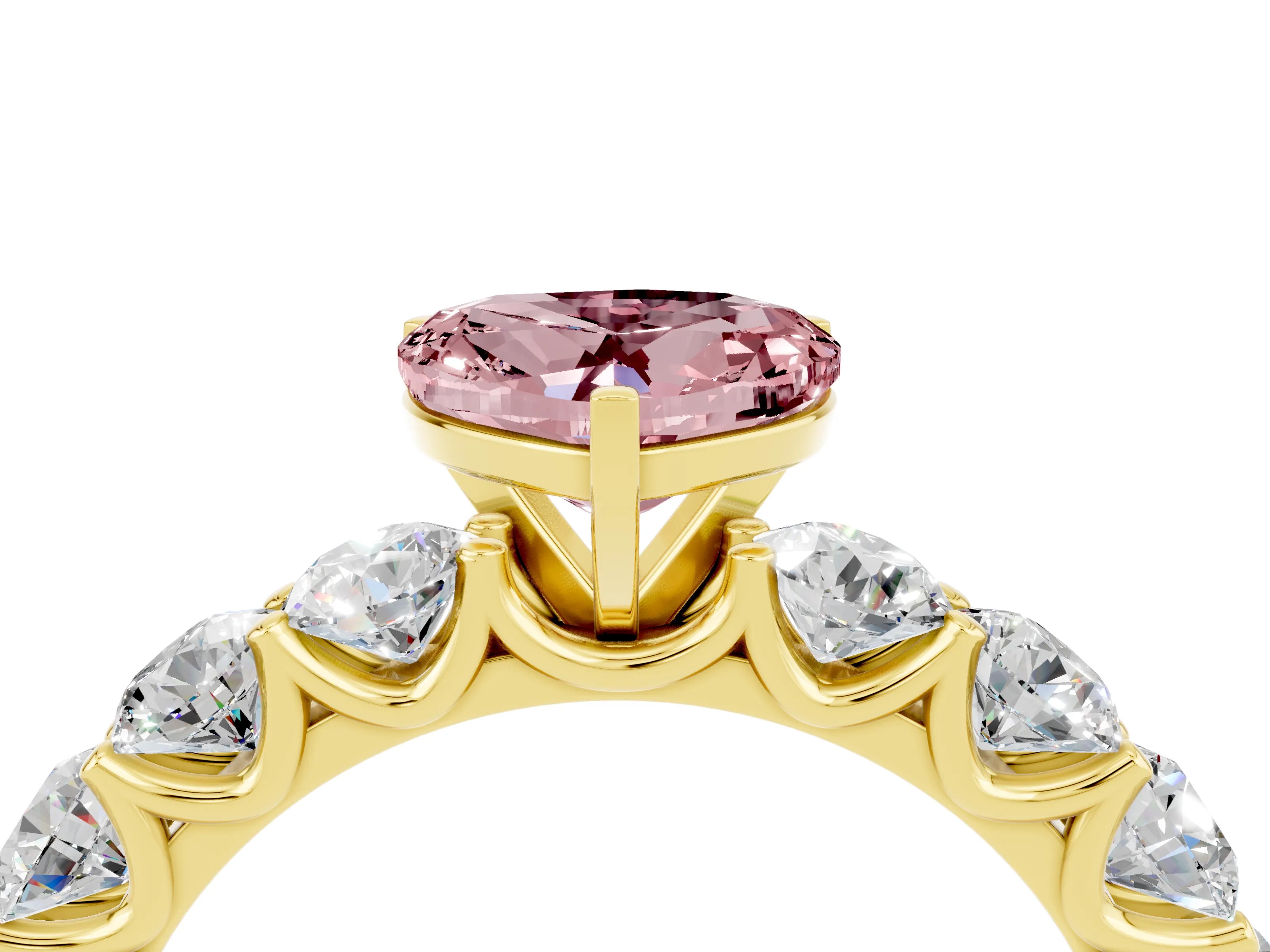 Yellow gold Heart Cut Morganite Prong Setting with Side Stones on a Pave Band_4