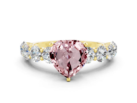 Yellow gold Heart Cut Morganite Prong Setting with Side Stones on a Pave Band