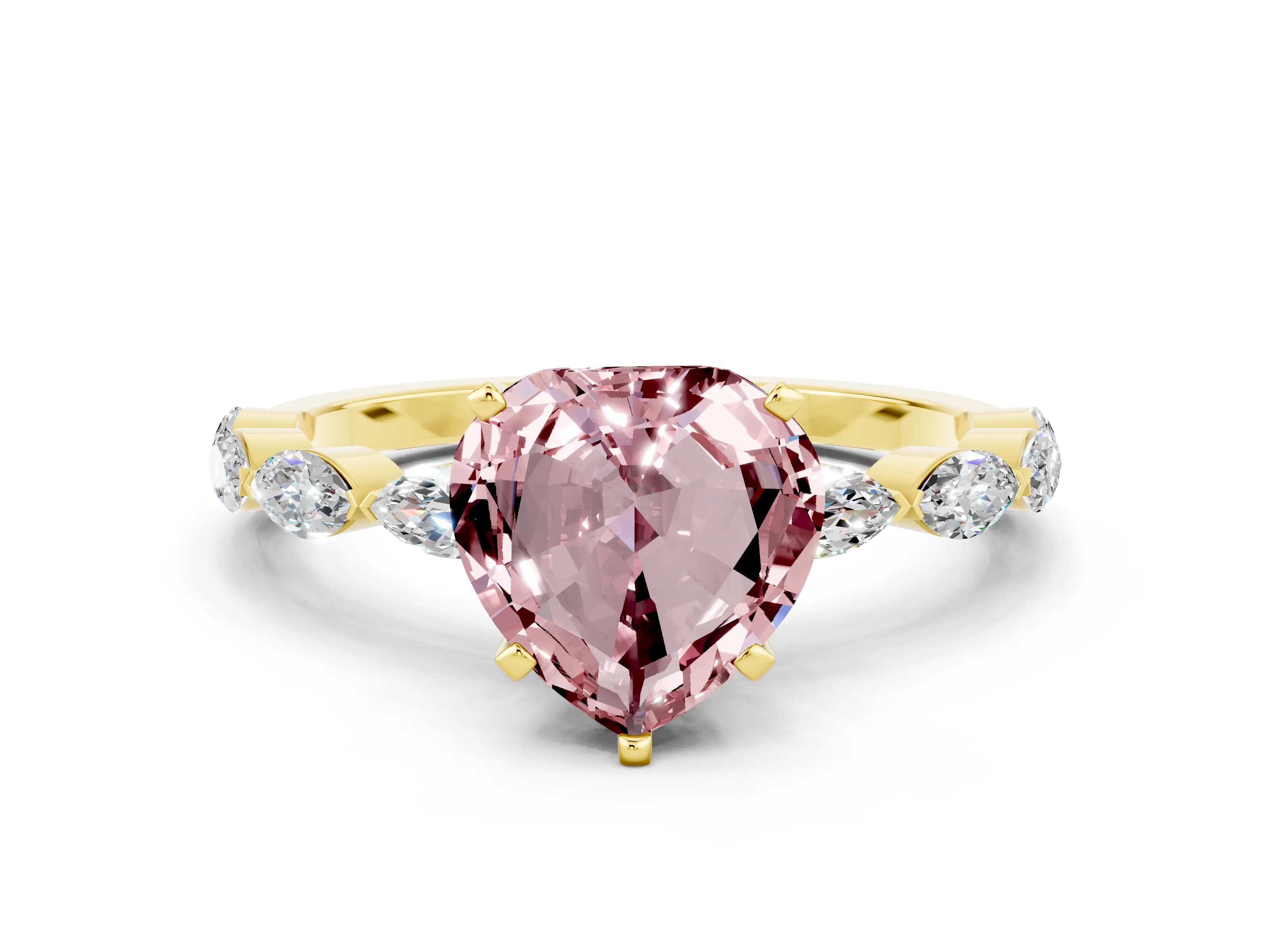 Yellow gold Heart Cut Morganite Ring with Marquise Side Stones and Prong Setting
