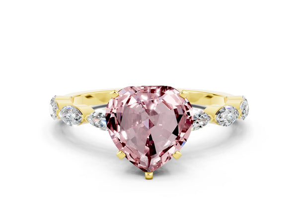 Yellow gold Heart Cut Morganite Ring with Marquise Side Stones and Prong Setting