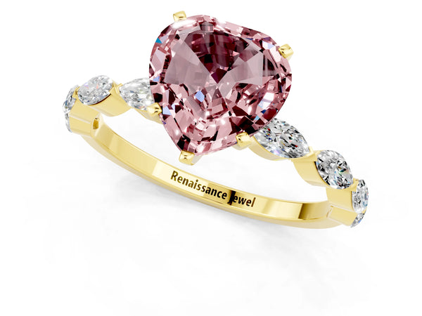 Yellow gold Heart Cut Morganite Ring with Marquise Side Stones and Prong Setting
