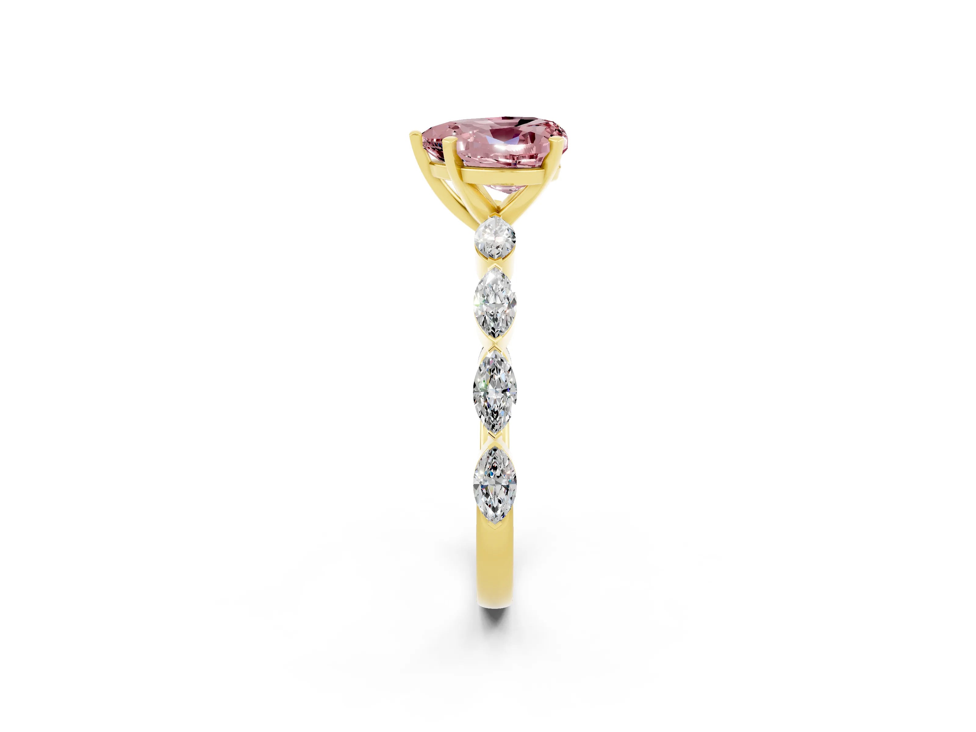 Yellow gold Heart Cut Morganite Ring with Marquise Side Stones and Prong Setting_2