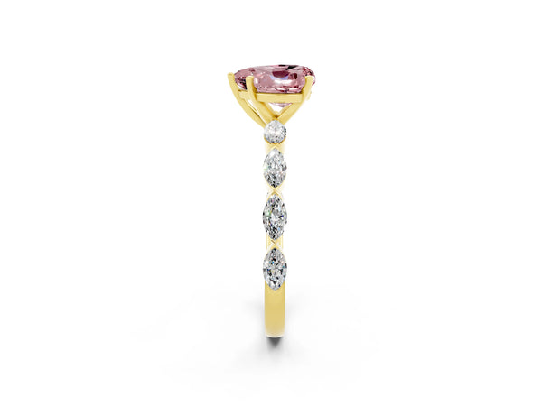 Yellow gold Heart Cut Morganite Ring with Marquise Side Stones and Prong Setting