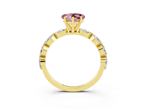 Yellow gold Heart Cut Morganite Ring with Marquise Side Stones and Prong Setting_3