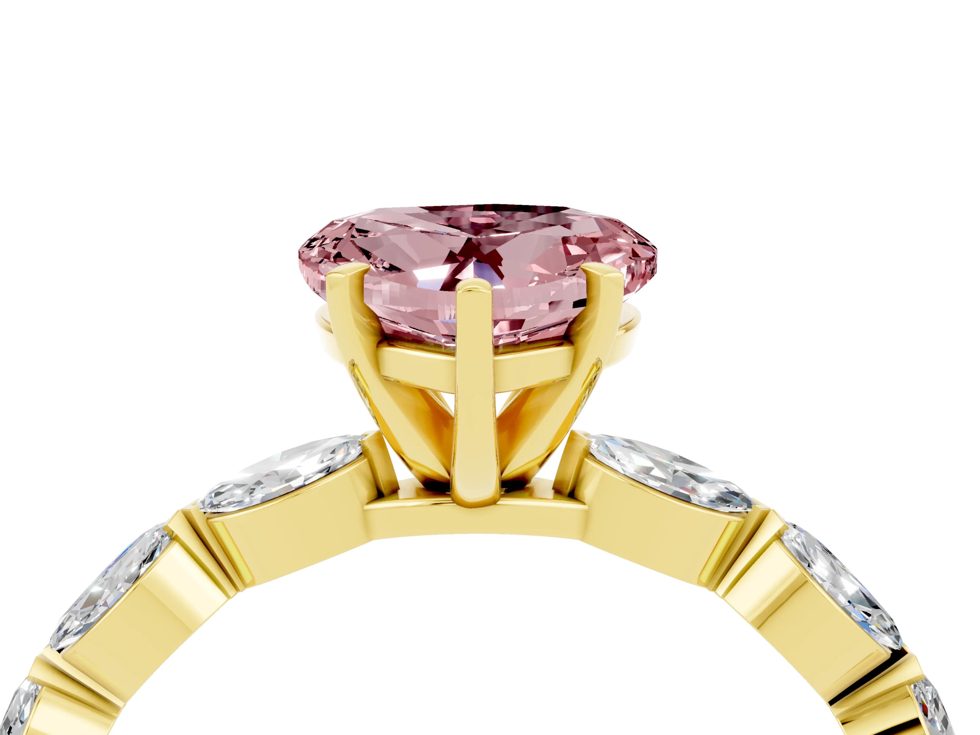 Yellow gold Heart Cut Morganite Ring with Marquise Side Stones and Prong Setting_4