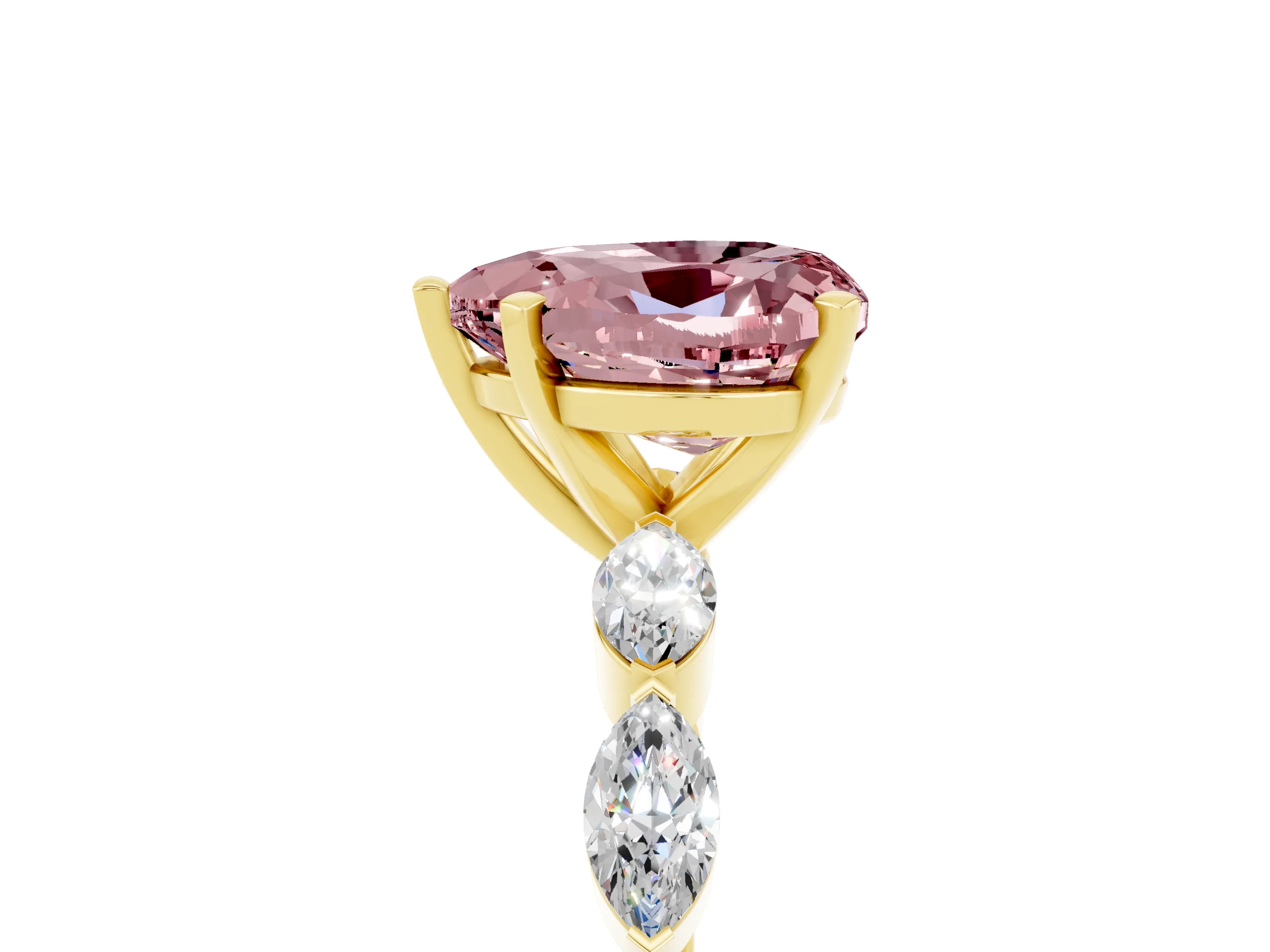 Yellow gold Heart Cut Morganite Ring with Marquise Side Stones and Prong Setting_5