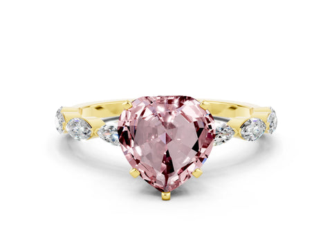 Yellow gold Heart Cut Morganite Ring with Marquise Side Stones and Prong Setting