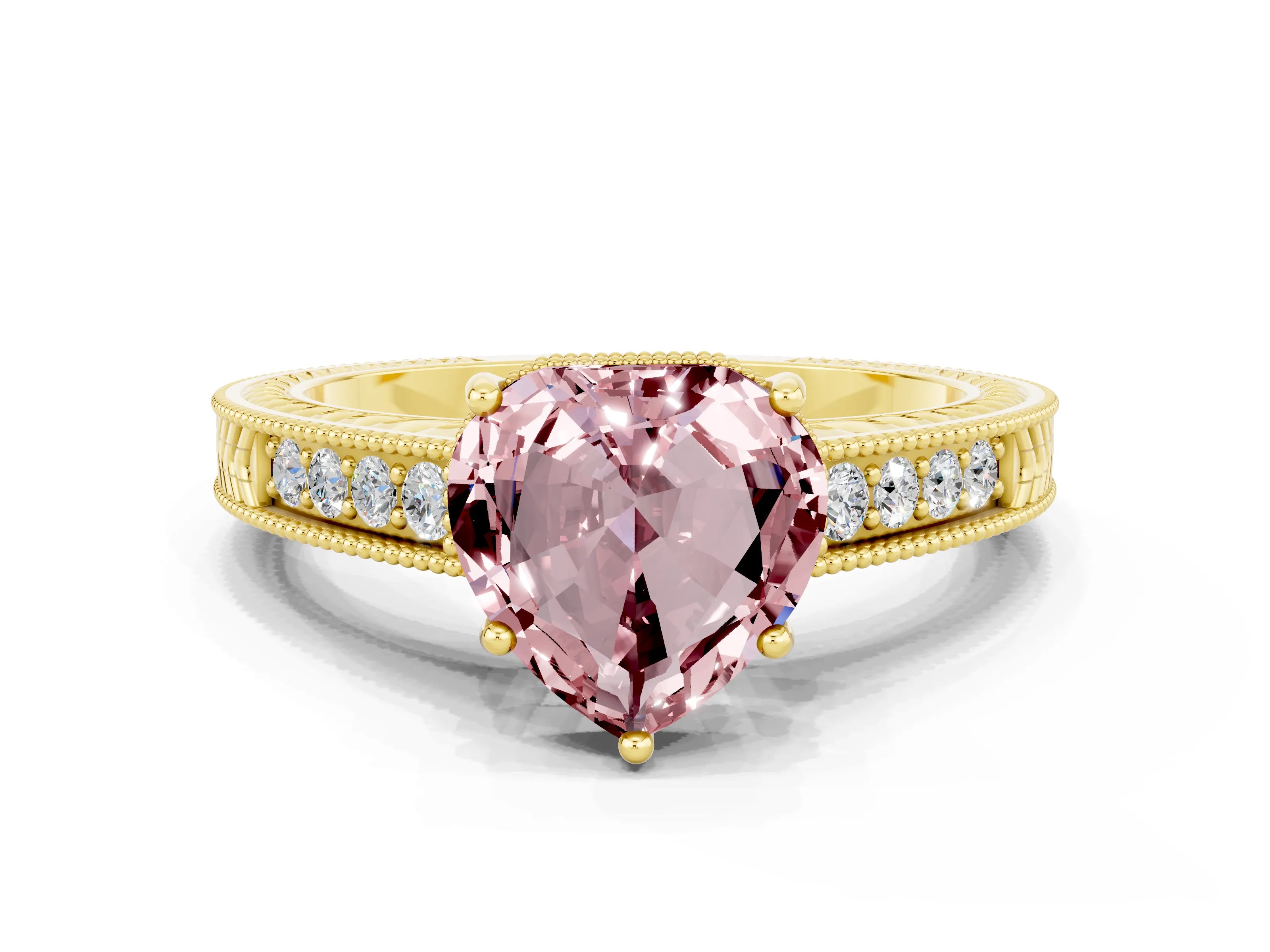 Yellow gold Heart Cut Morganite Ring with Milgrain Pavé Band and Four-Prong Setting_12