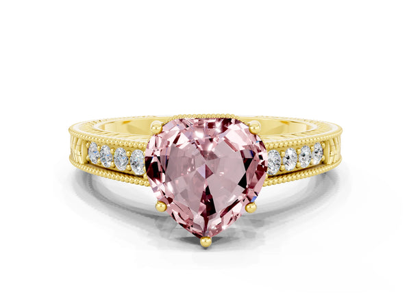 Yellow gold Heart Cut Morganite Ring with Milgrain Pavé Band and Four-Prong Setting