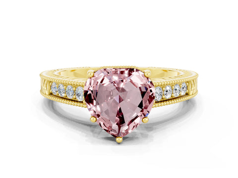 Yellow gold Heart Cut Morganite Ring with Milgrain Pavé Band and Four-Prong Setting_12