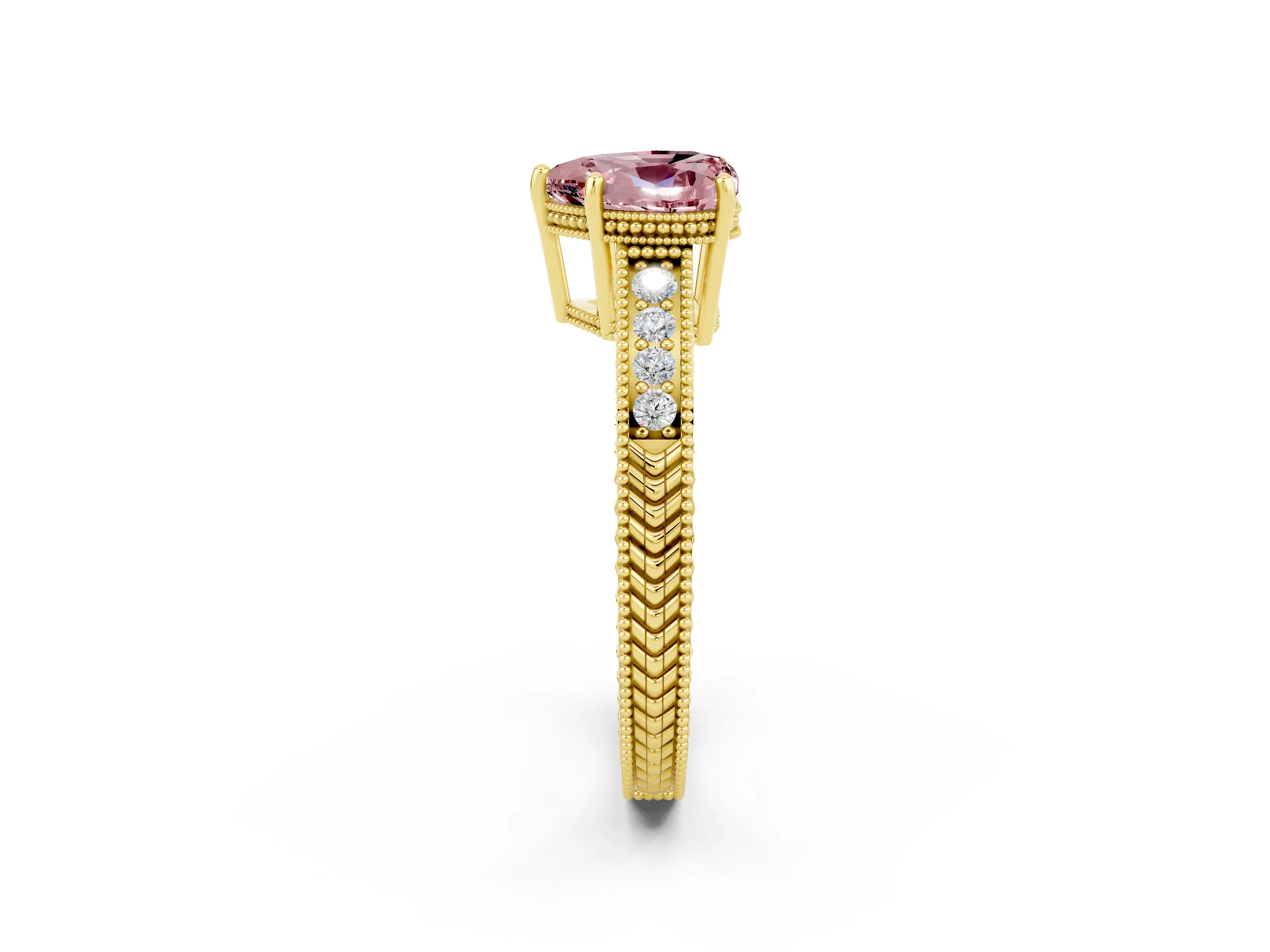 Yellow gold Heart Cut Morganite Ring with Milgrain Pavé Band and Four-Prong Setting_14