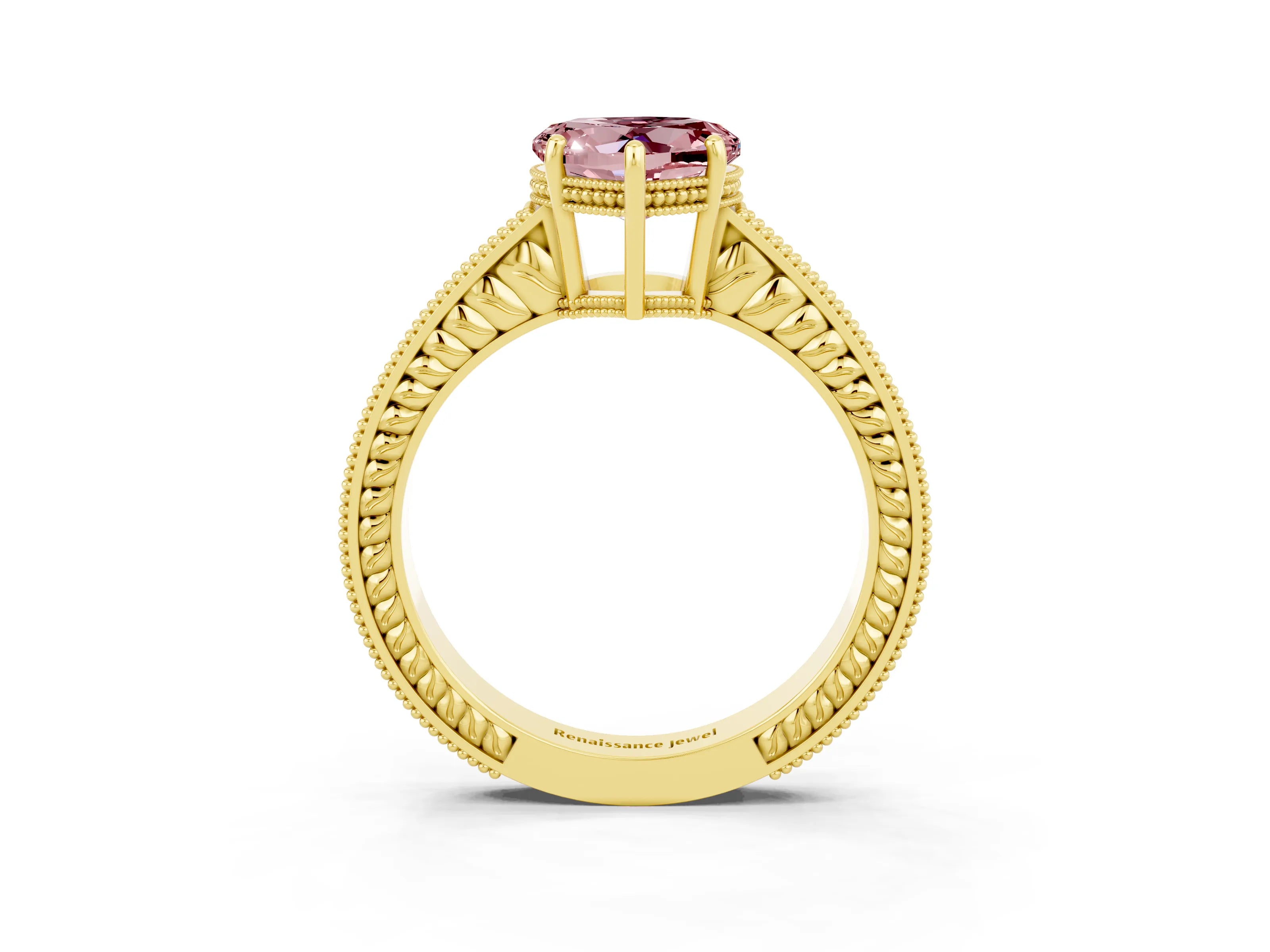 Yellow gold Heart Cut Morganite Ring with Milgrain Pavé Band and Four-Prong Setting_15