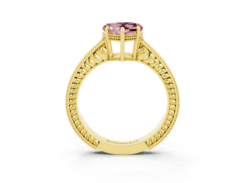 Yellow gold Heart Cut Morganite Ring with Milgrain Pavé Band and Four-Prong Setting_15