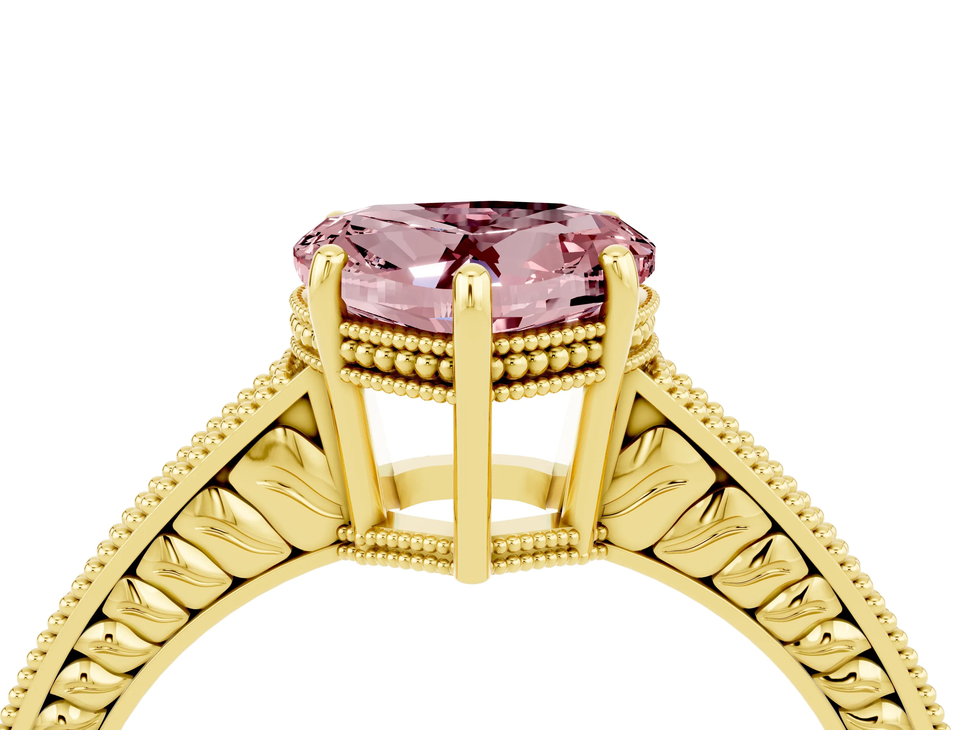 Yellow gold Heart Cut Morganite Ring with Milgrain Pavé Band and Four-Prong Setting_16