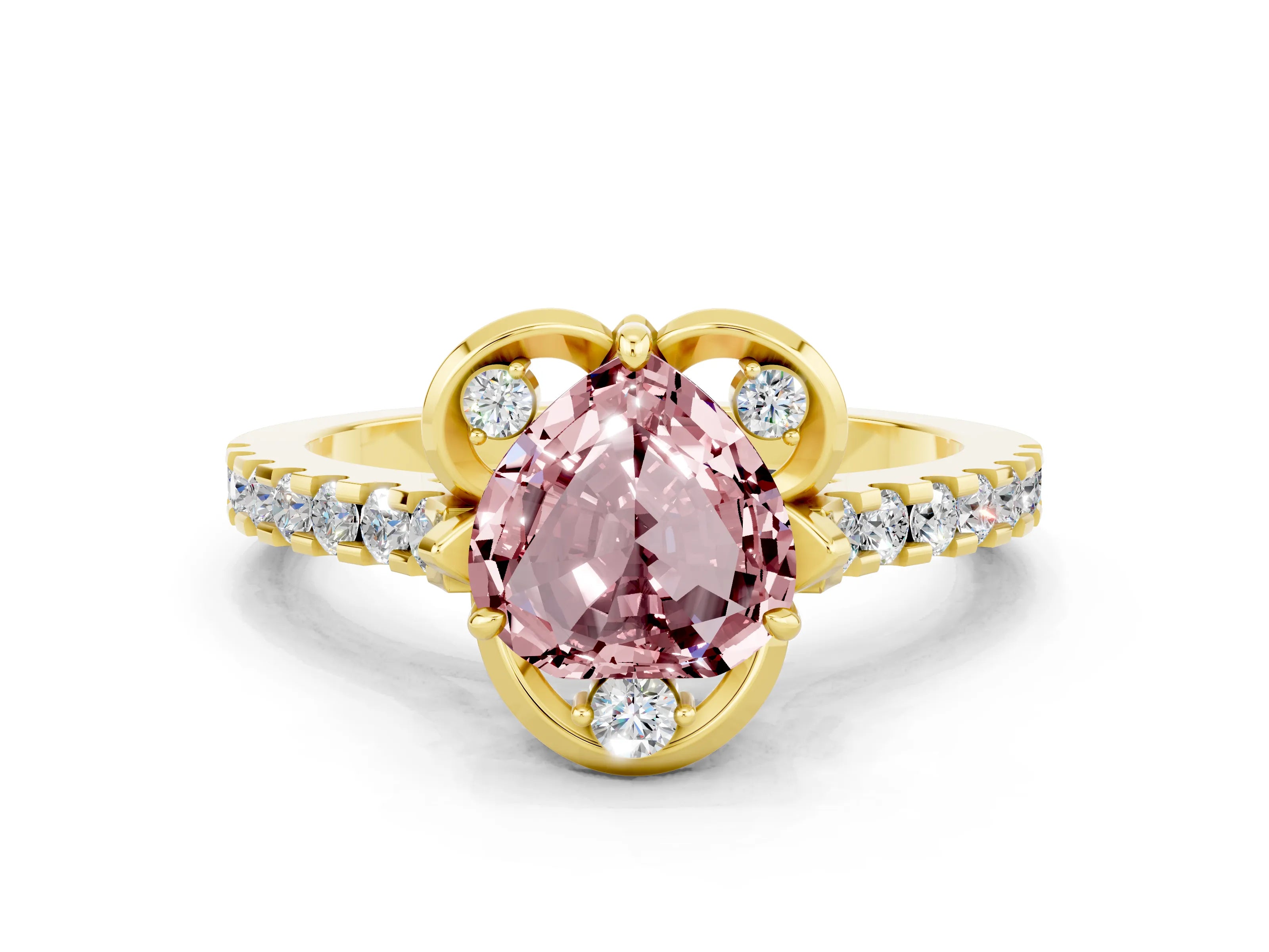 Yellow gold Heart Cut Morganite Ring with Pavé Band and Floral Prong Setting