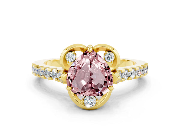 Yellow gold Heart Cut Morganite Ring with Pavé Band and Floral Prong Setting