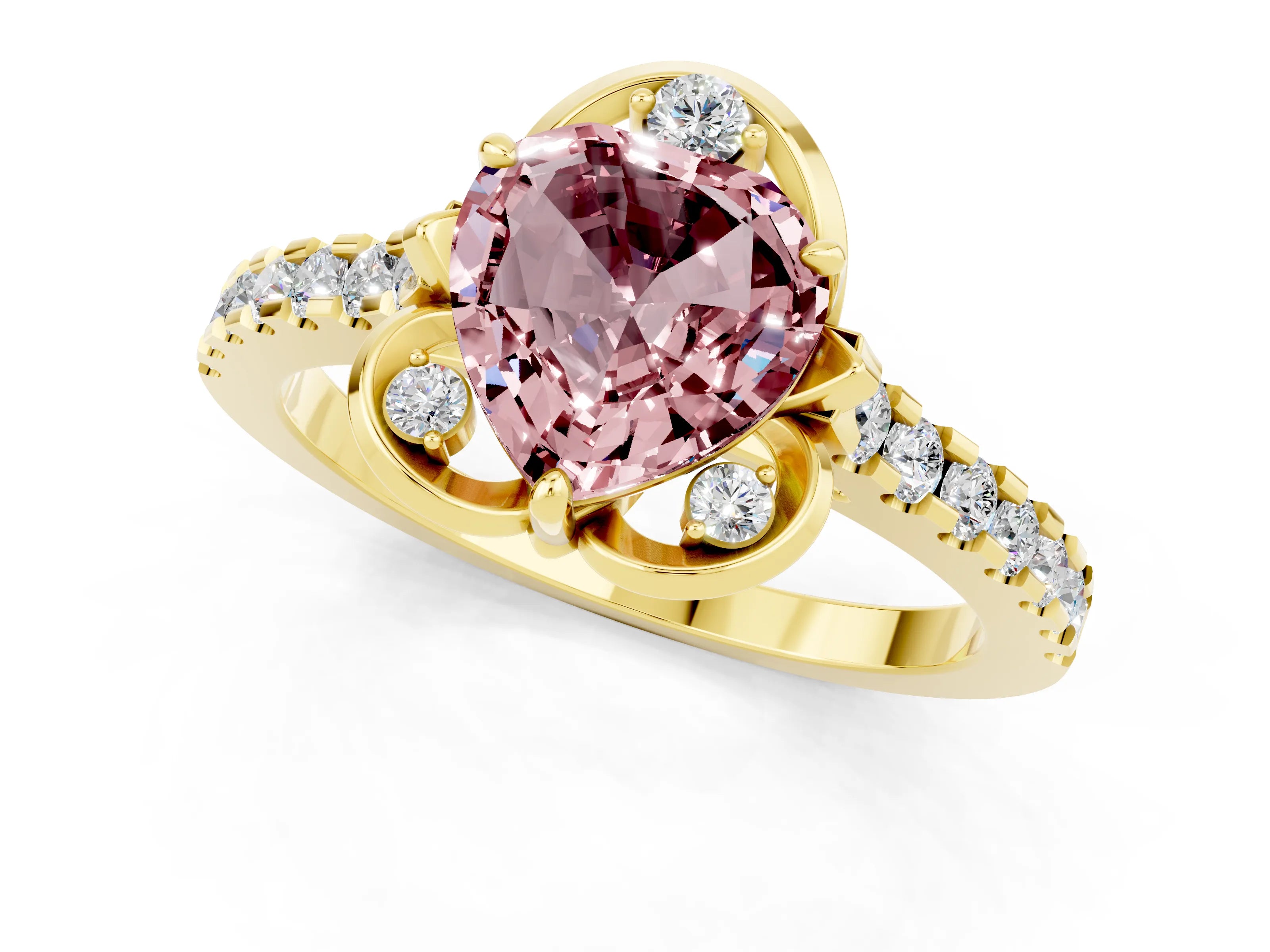 Yellow gold Heart Cut Morganite Ring with Pavé Band and Floral Prong Setting_1