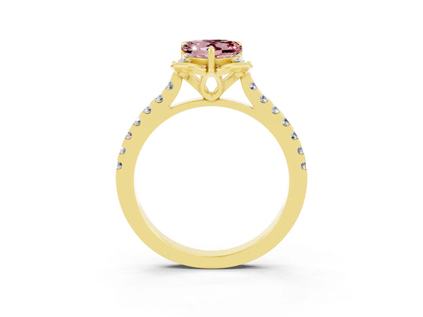 Yellow gold Heart Cut Morganite Ring with Pavé Band and Floral Prong Setting