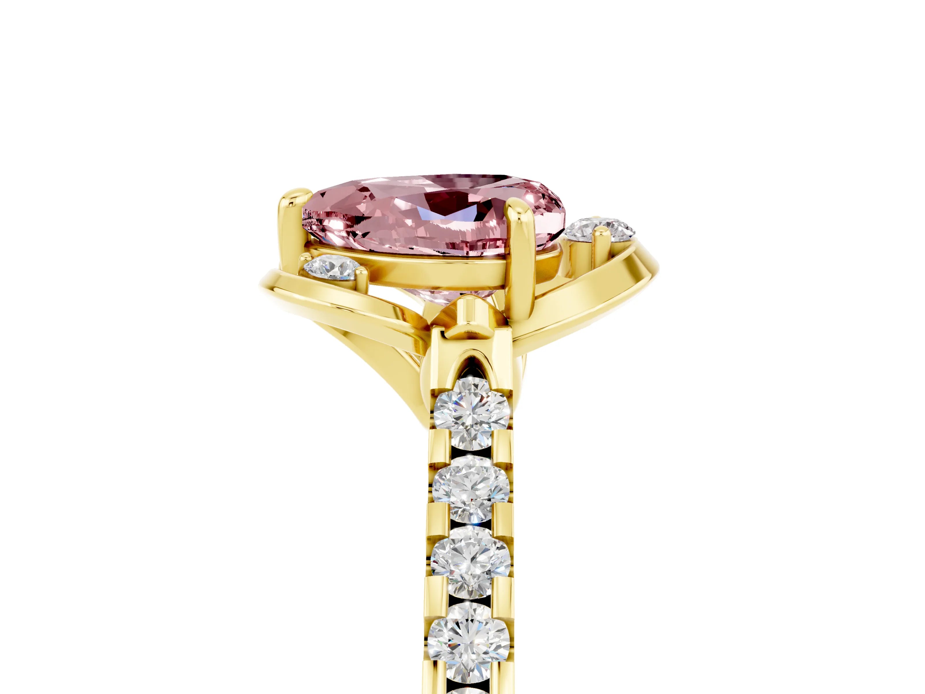 Yellow gold Heart Cut Morganite Ring with Pavé Band and Floral Prong Setting_5