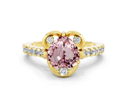 Yellow gold Heart Cut Morganite Ring with Pavé Band and Floral Prong Setting