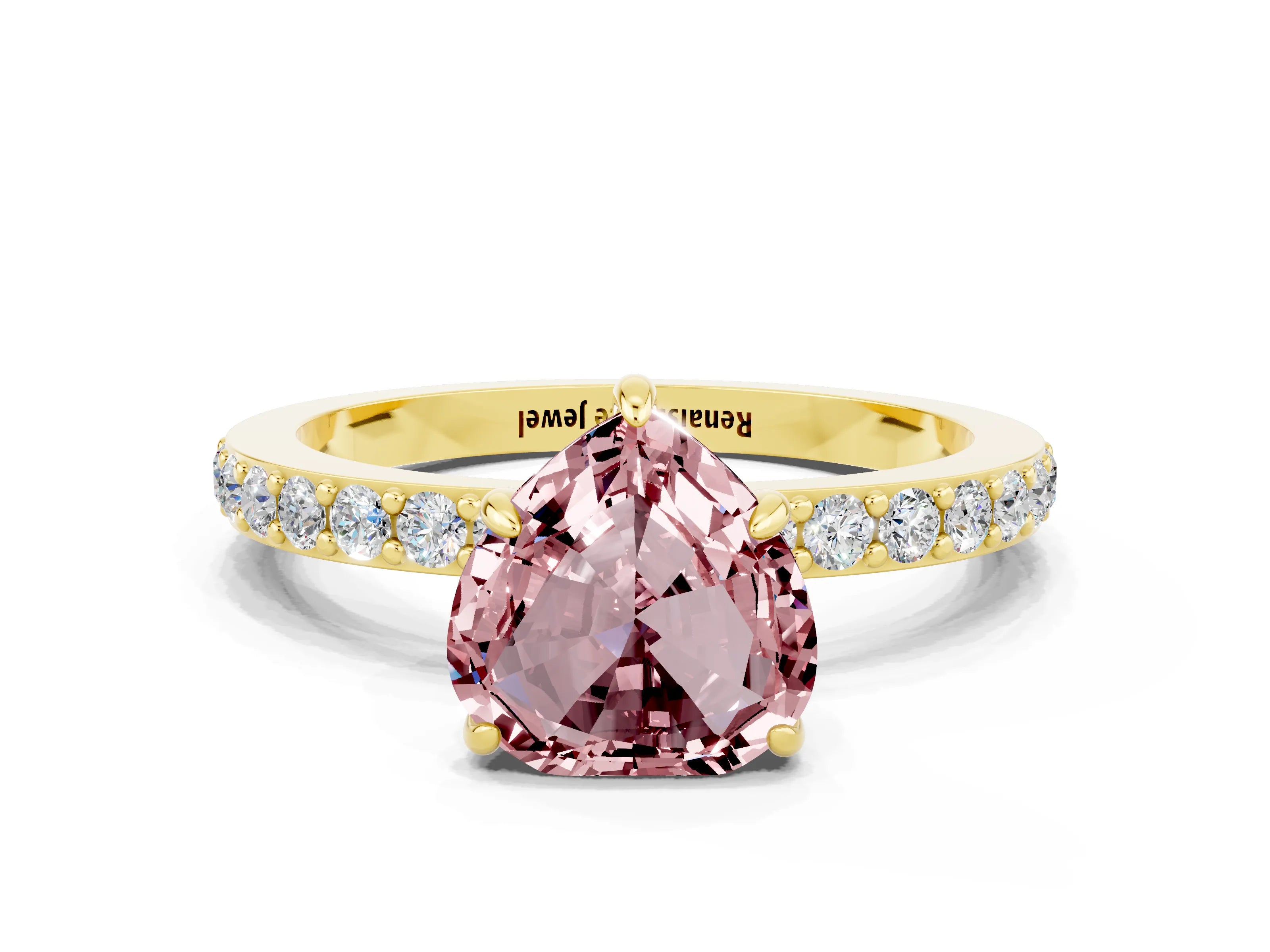 Yellow gold Heart Cut Morganite Ring with Pavé Band and Four-Prong Setting