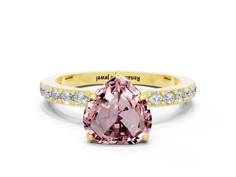 Yellow gold Heart Cut Morganite Ring with Pavé Band and Four-Prong Setting
