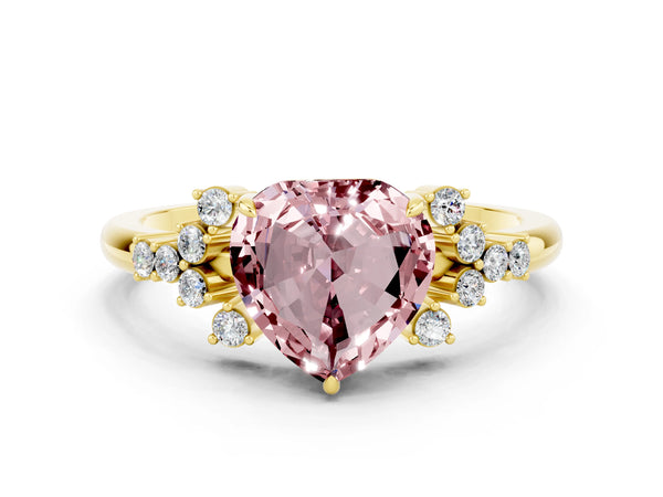 Yellow gold Heart Cut Morganite Ring with Side Stones and Four-Prong Setting