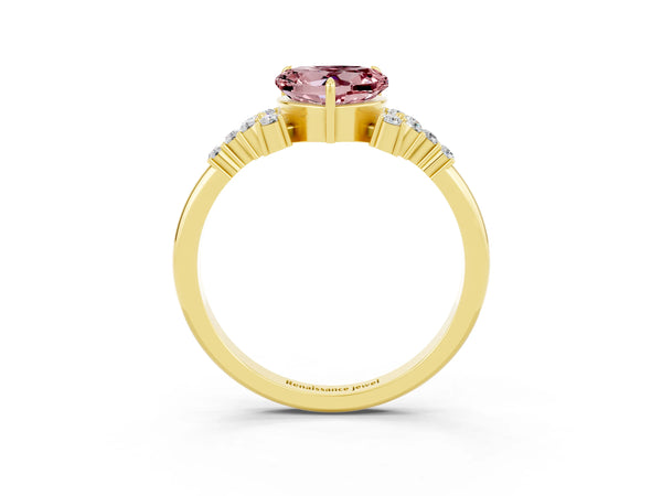 Yellow gold Heart Cut Morganite Ring with Side Stones and Four-Prong Setting