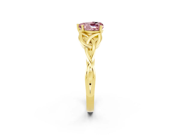 Yellow gold Heart Cut Morganite Solitaire Celtic Knot Ring with Four-Prong Setting