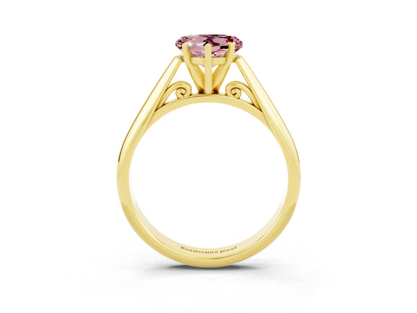 Yellow gold Heart Cut Morganite Solitaire Engagement Ring with Cathedral Setting and Four-Prong Mount