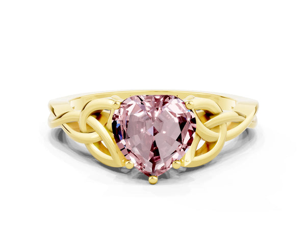 Yellow gold Heart Cut Morganite Solitaire Engagement Ring with Celtic Knot Band and Four-Prong Setting