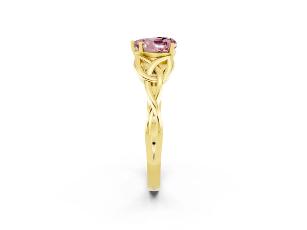 Yellow gold Heart Cut Morganite Solitaire Engagement Ring with Celtic Knot Band and Four-Prong Setting