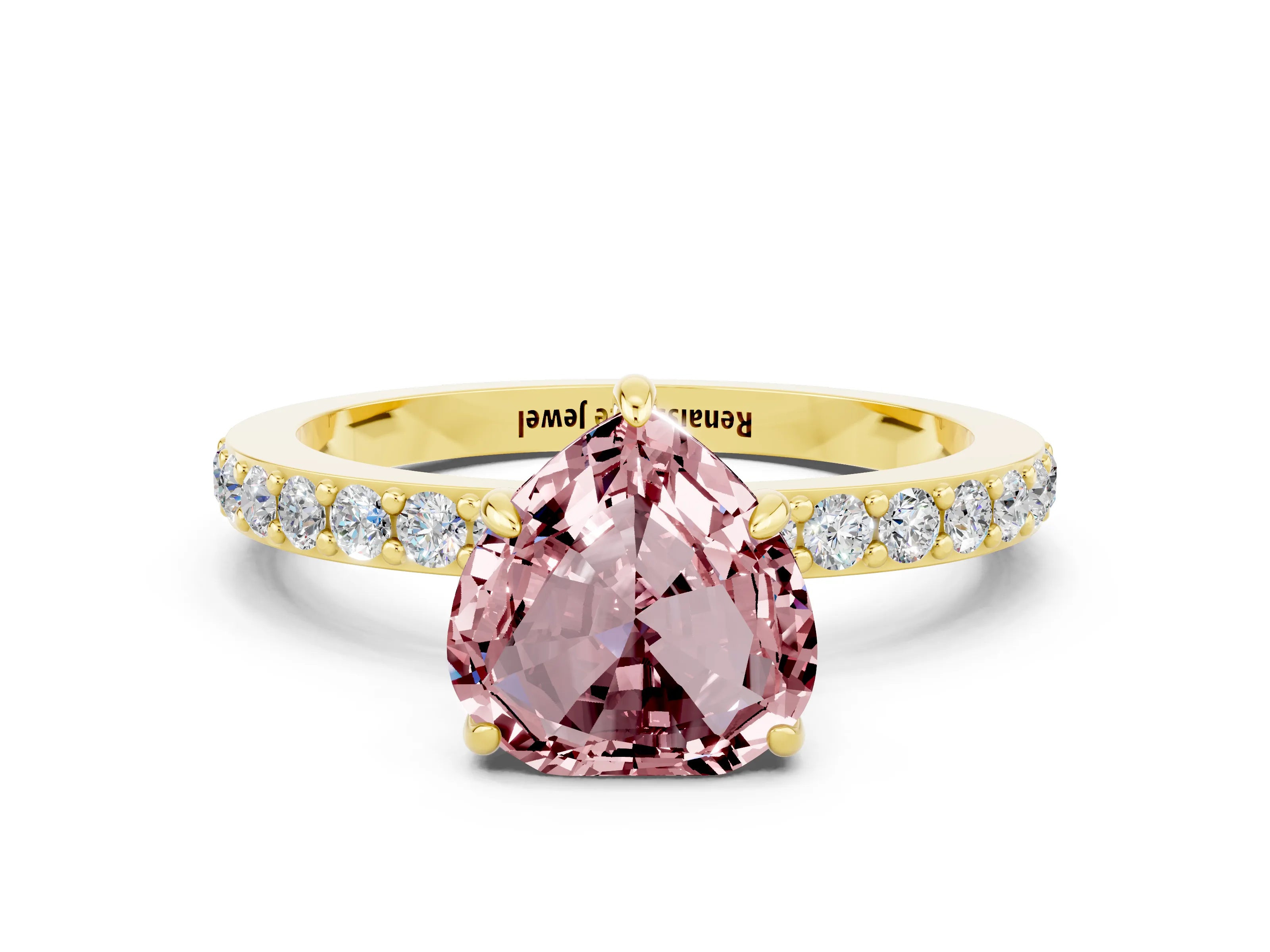 Yellow gold Heart Cut Morganite Solitaire Engagement Ring with Pavé Band and Four-Prong Setting